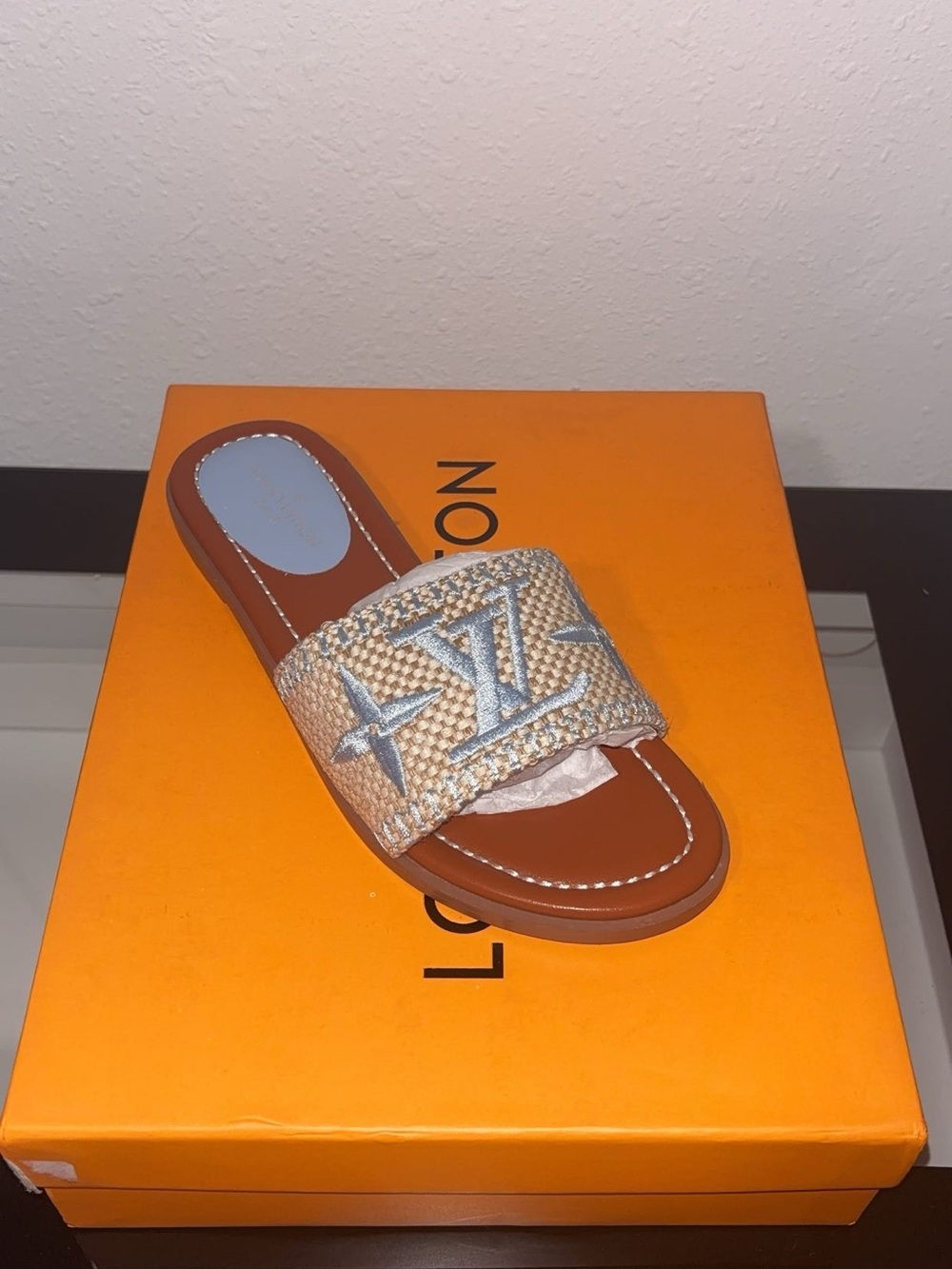 Designer-Inspired Tan Raffia Slide Sandal with Light Blue Monogram Strap